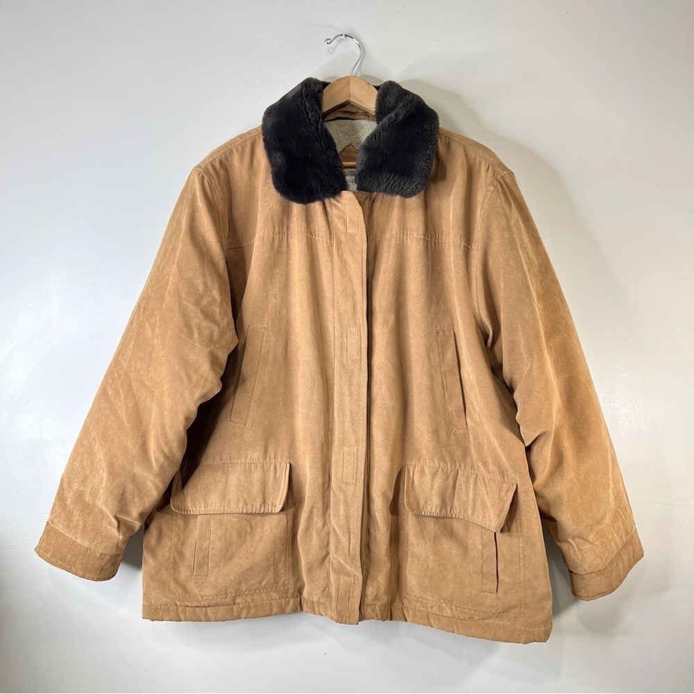 Gloria Venderbillt Barn Chore Jacket Tan Size XL Faux Fur Collar Sherpa Lining